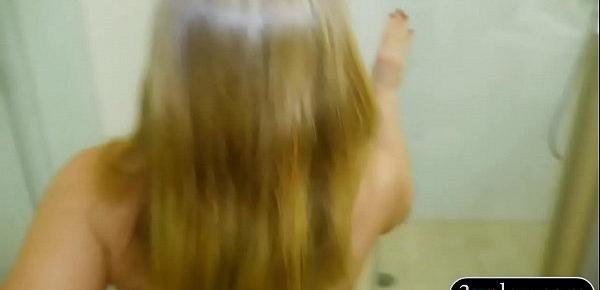  Big hooters blonde sucks off and fucked in toilet room